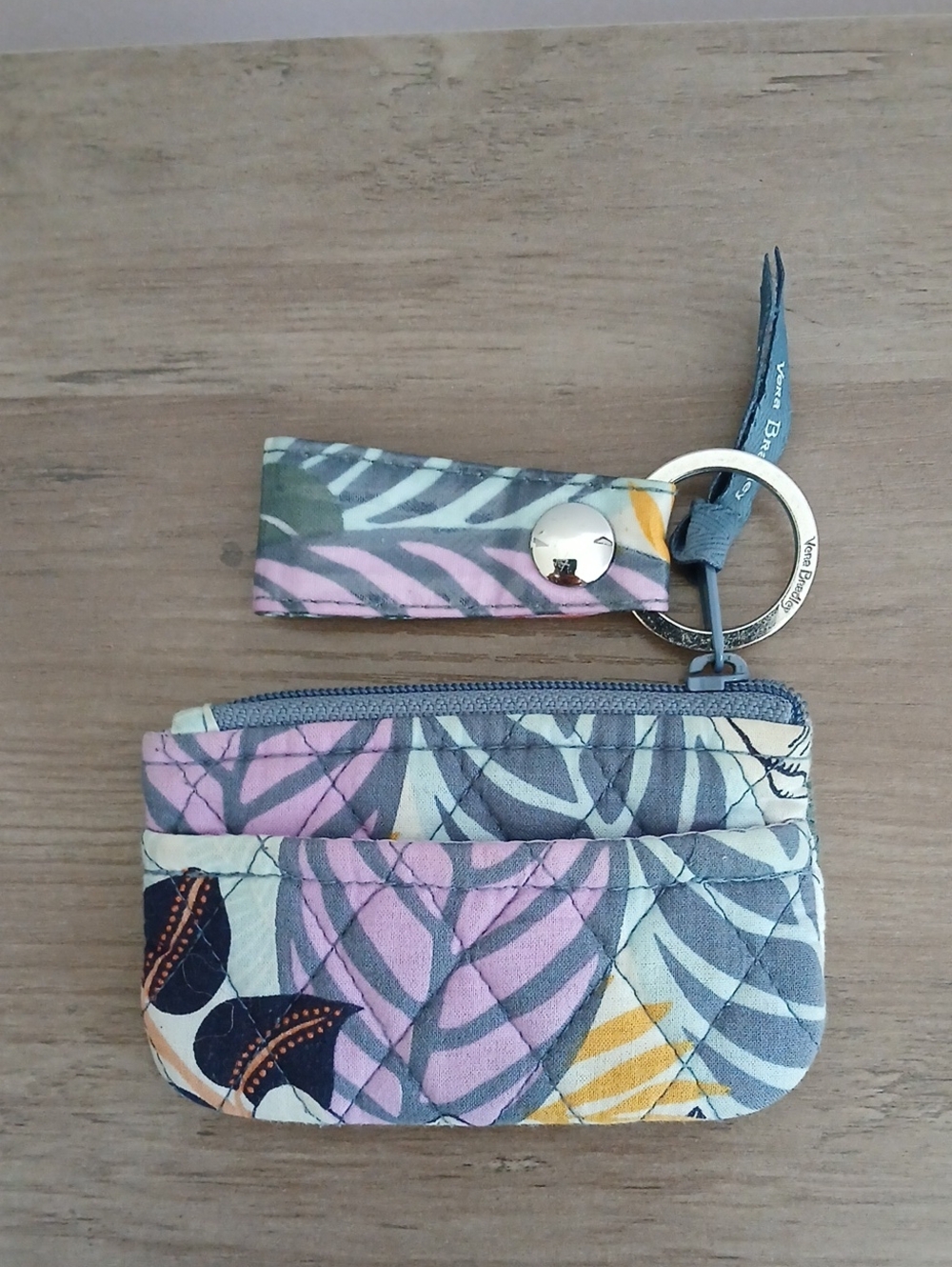 Vera Bradlet Quilted Floral Coin Wallet Keychain in Pink, Gray & Yellow